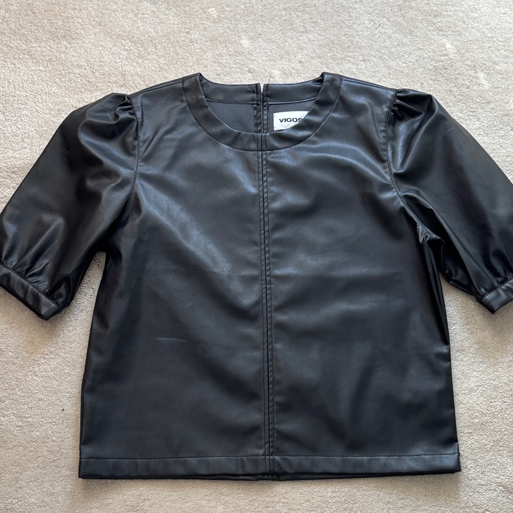 Vigoss Black Faux Leather Puff Sleeve Top